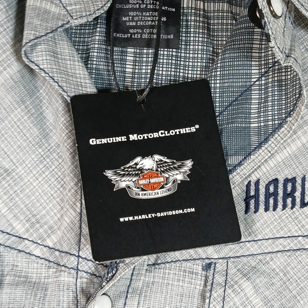 Harley Davidson Western Shirt Mens L Grey Plaid Pearl Snap 100% Cotton - Picture 5 of 10